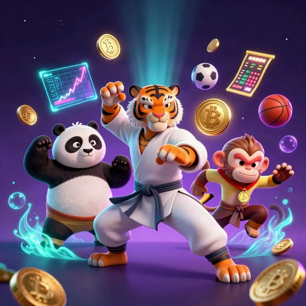 Kung-fu tiger, panda, and monkey amid casino crypto effects, balls, and glowing lights