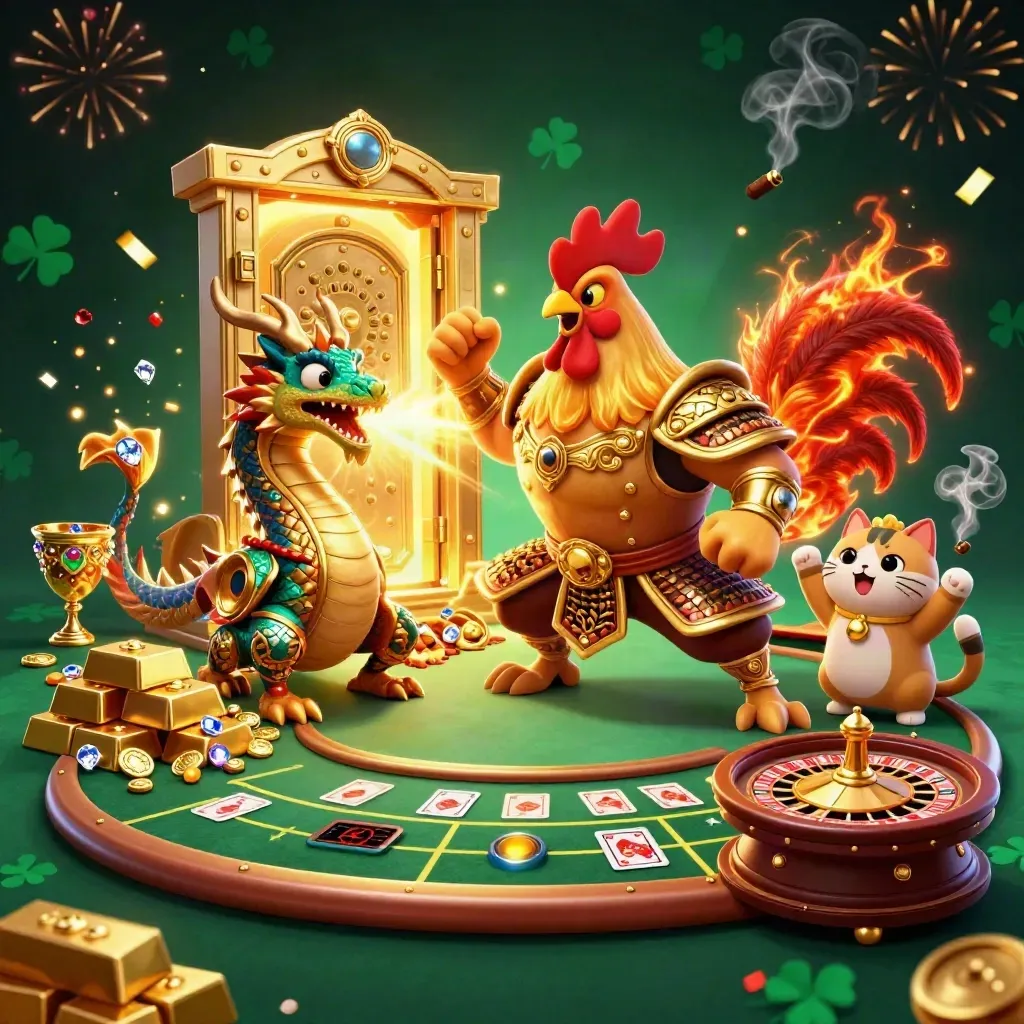 Rooster warrior, dragon hatchling, and fortune-cat before a blazing vault and casino table.