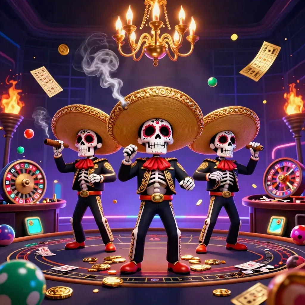 Day-of-the-Dead mariachi skeleton trio amid casino lights, lottery balls, wheel, and neon grid.