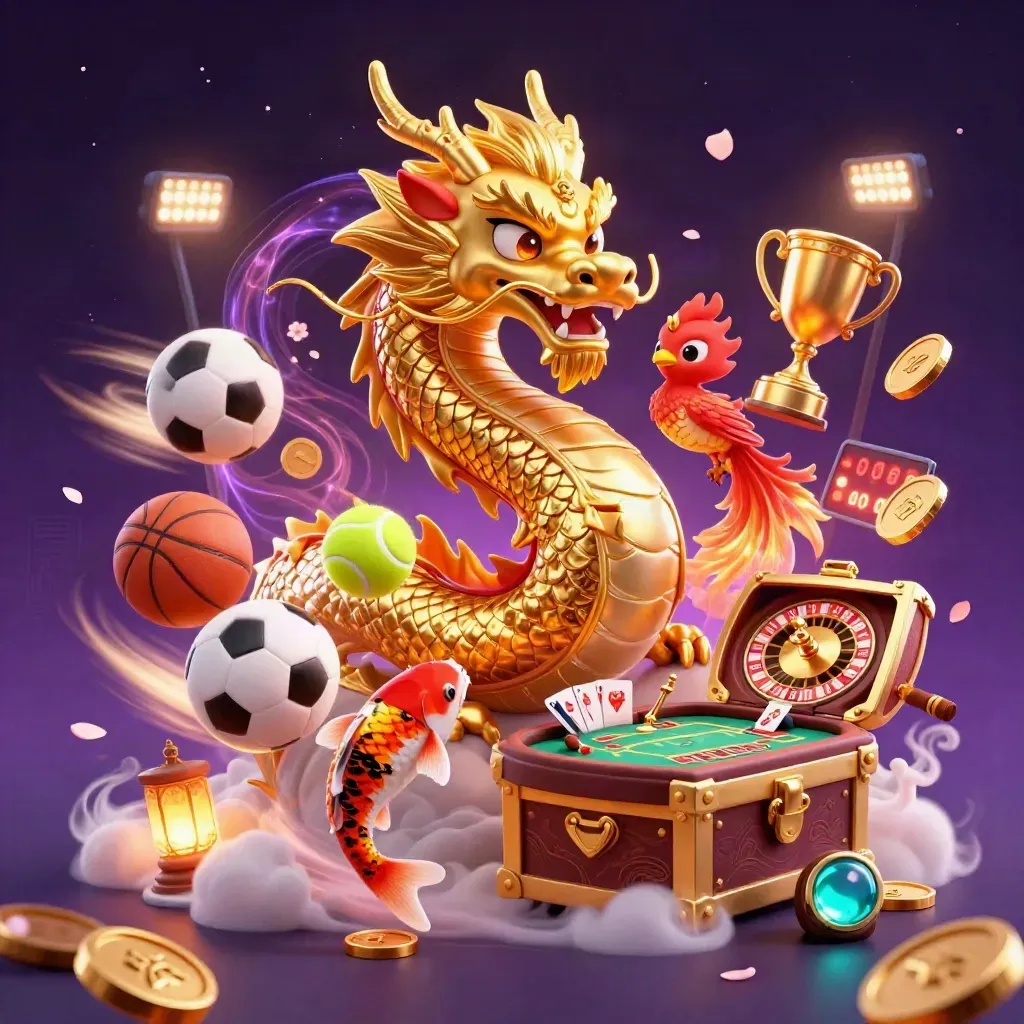 Golden dragon with phoenix and koi amid casino lights, coins, sports balls, and spinning wheel.