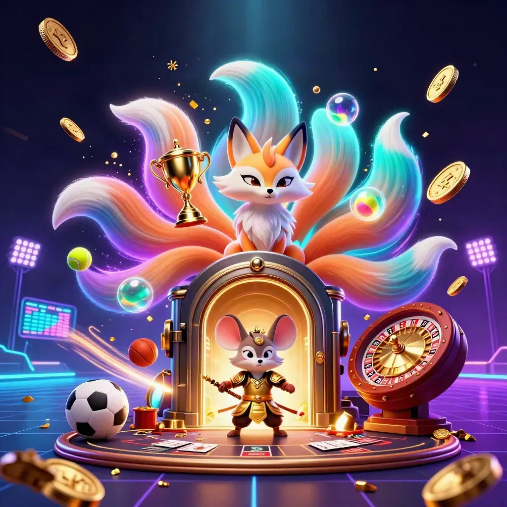 Neon fox spirit and golden mouse amid coins, sports balls, roulette wheel, and casino treasure burst.