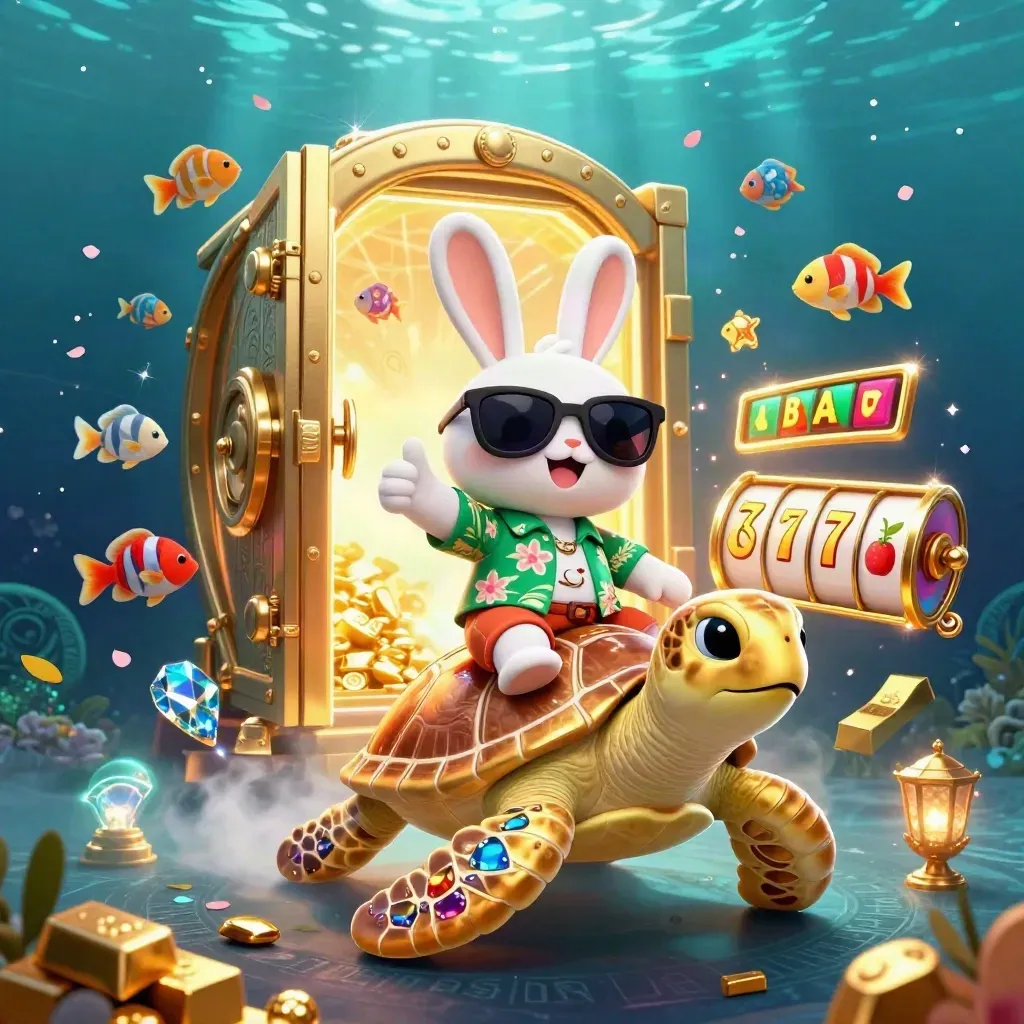 Lucky rabbit rides a golden turtle underwater, with treasure, reels, and casino spark effects.