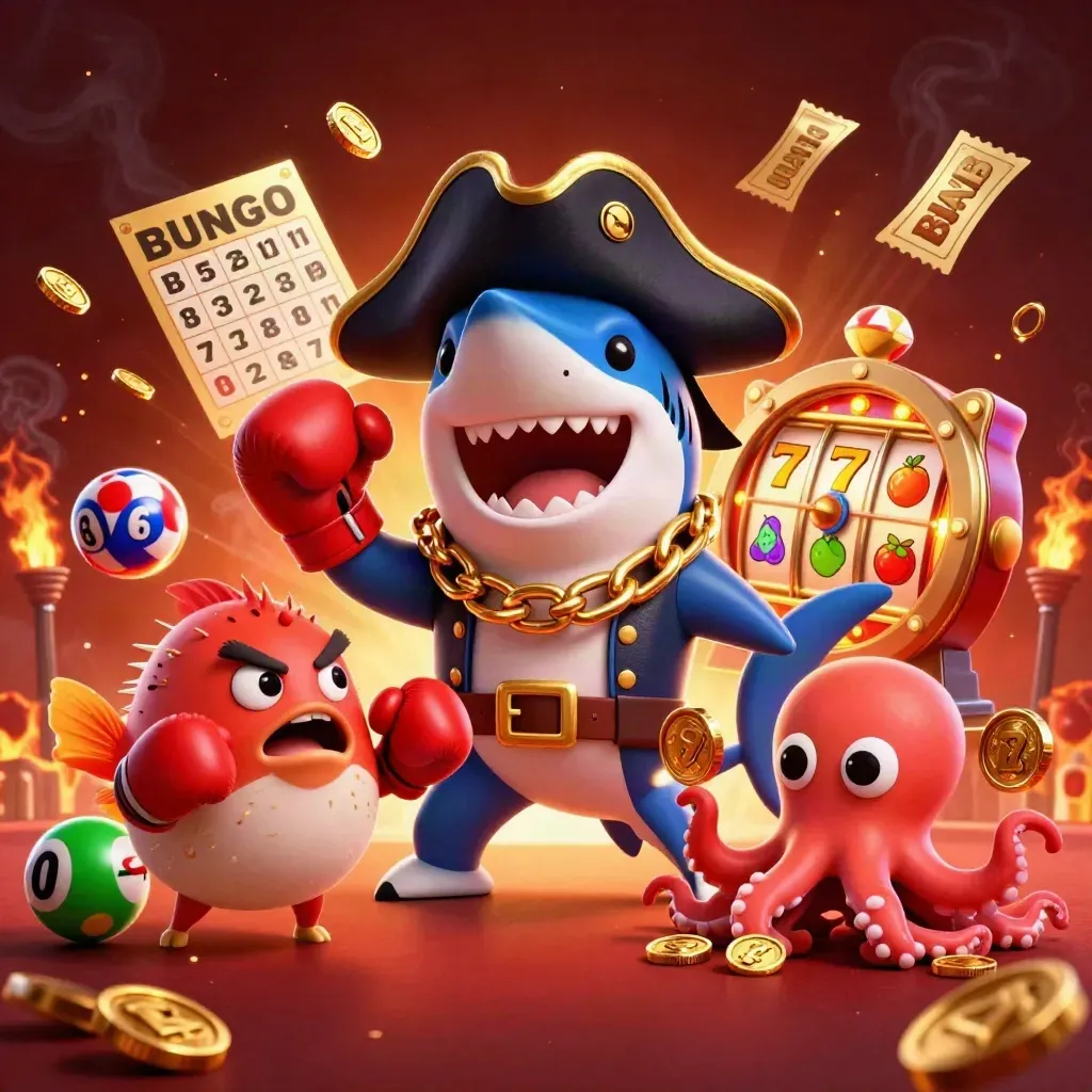 Pirate shark, boxing pufferfish, and juggling octopus amid casino bursts and glowing reels.