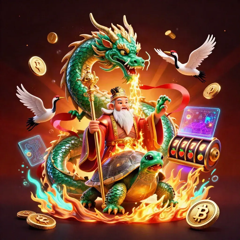 Emerald dragon, turtle sage, and cranes amid casino coins, lightning, fire, and neon effects